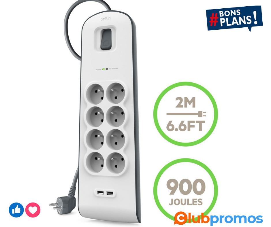 Belkin - BSV804ca2M - MultipriseParafoudre 8 Prises avec 2 Ports USB - Cordon de 2m - Blanc (P...png