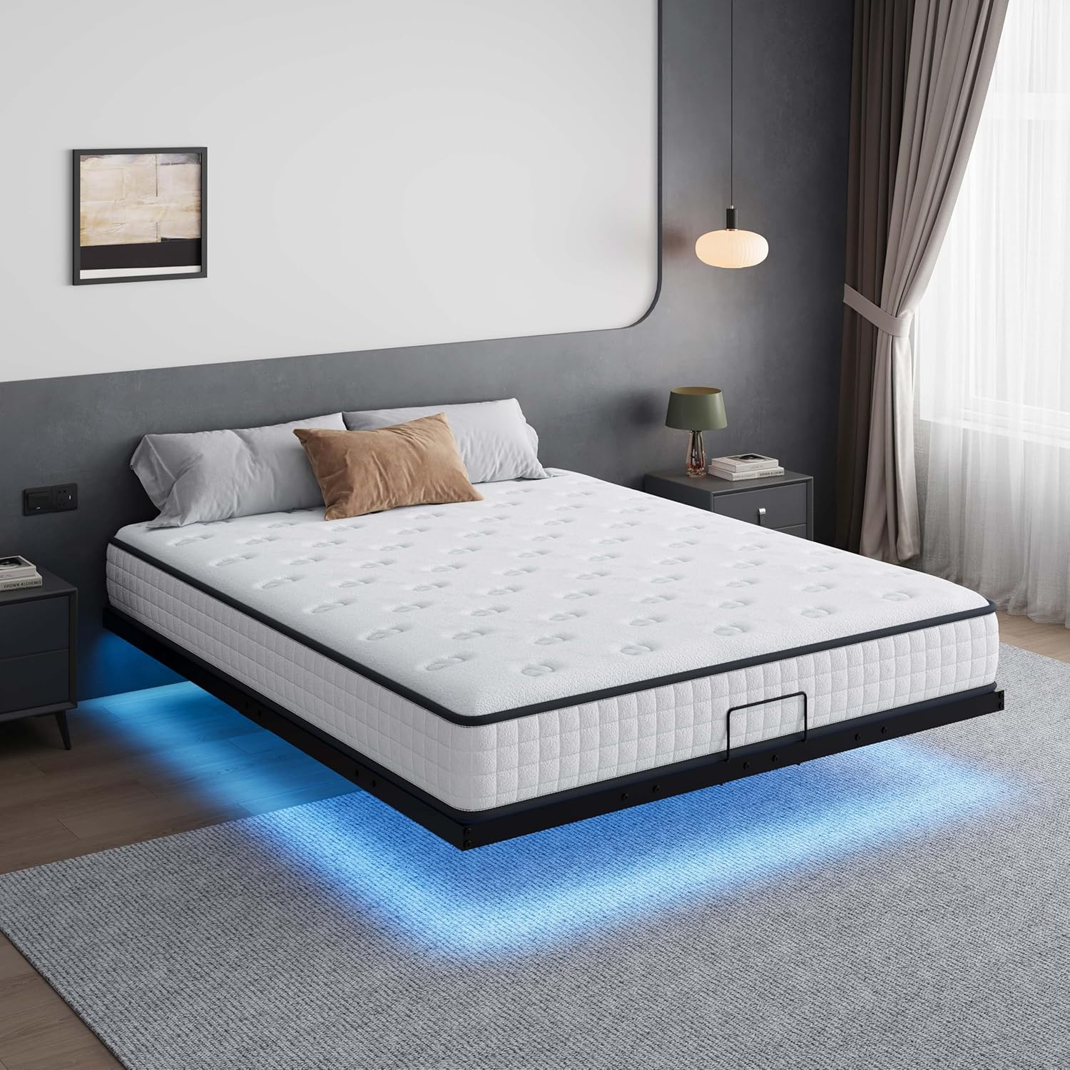  Lit flottant DEWINNER 140x190 cm avec LED multicolores, sommier intégré et rangement – cadre métal noir, ambiance moderne, bon plan Amazon 2025