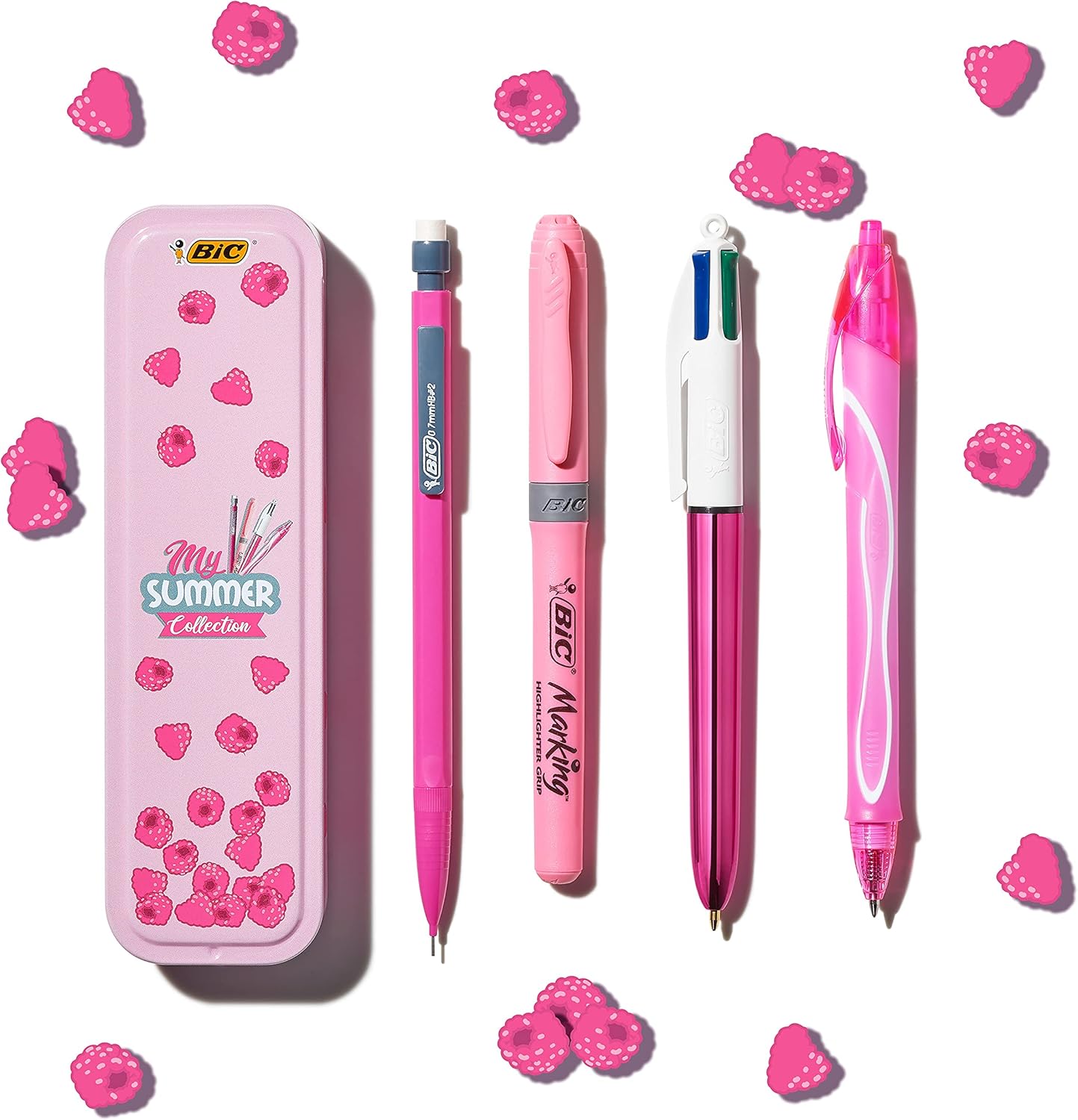 Lot de 4 stylos BIC Summer Pink Box en métal, couleur rose, avec stylo gel, surligneur, porte-mines et stylo 4 couleurs.