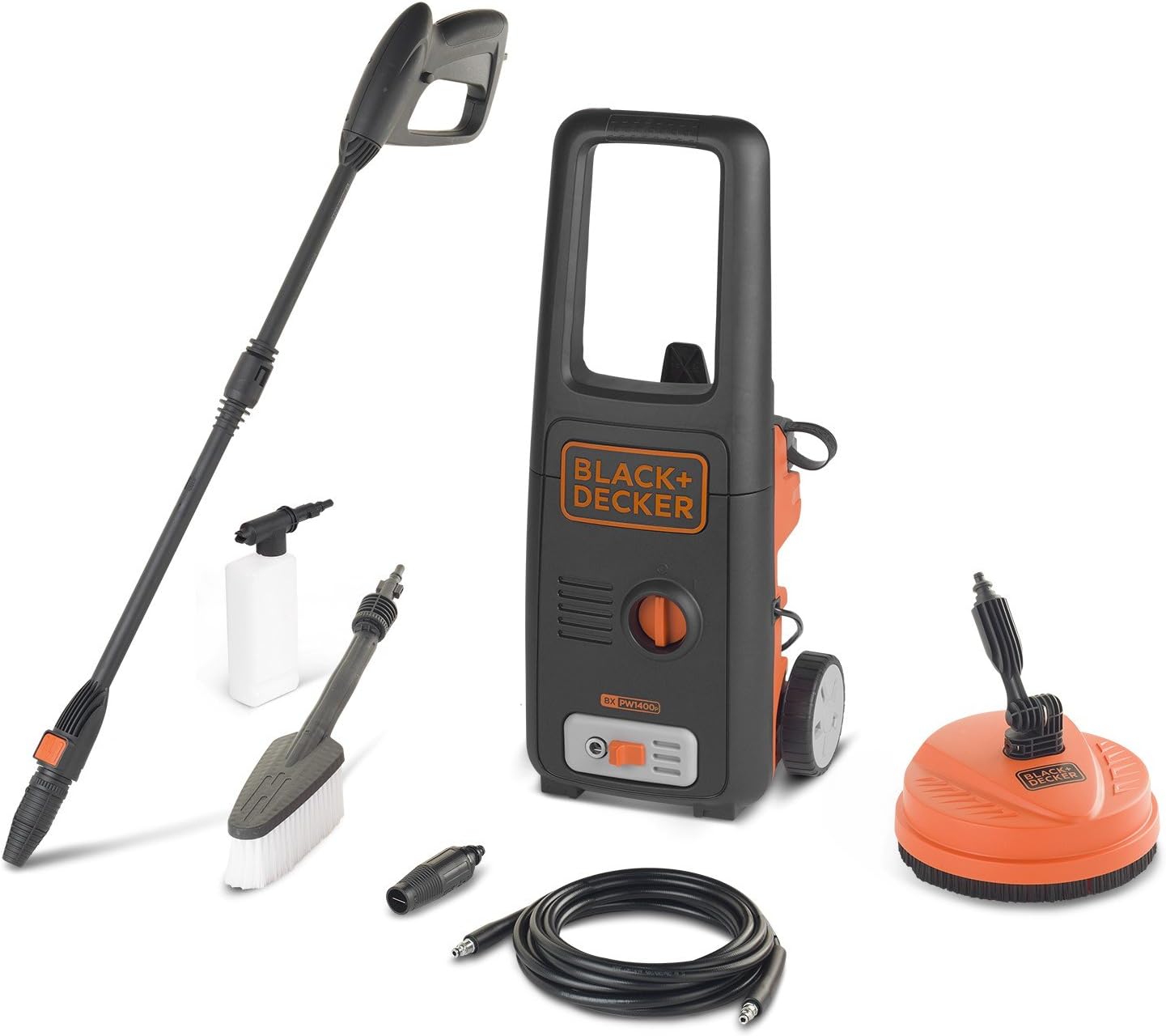 Nettoyeur haute pression Black+Decker BXPW1400PE 1400 W, 110 bar, 390 l/h avec Patio Cleaner et brosse fixe en promo sur Amazon
