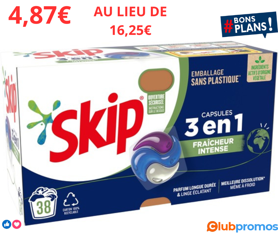 Bon plan à ne pas manquer Lessive capsules 3 en 1 Skip à 4,87€ au lieu de 16,25€ chez Carrefour.png