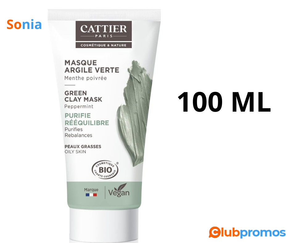 Bon plan Amazon CATTIER Masque Argile Verte - Bio - Purifie 100 ml.png
