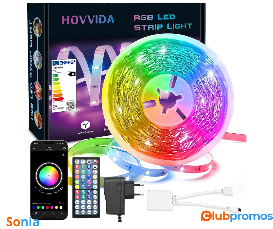 Bon plan amazon HOVVIDA Ruban LED 10M, 1x10M, 24 LEDMètre, 24V RVB Bande LED, 240 LED, APP et ...png