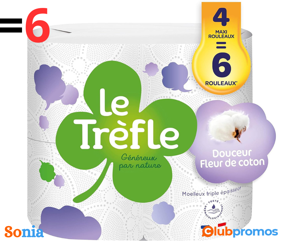 bon plan amazon Le Trèfle® Douceur Fleur de coton - Papier toilette - 4 maxi rouleaux = 6 roul...png