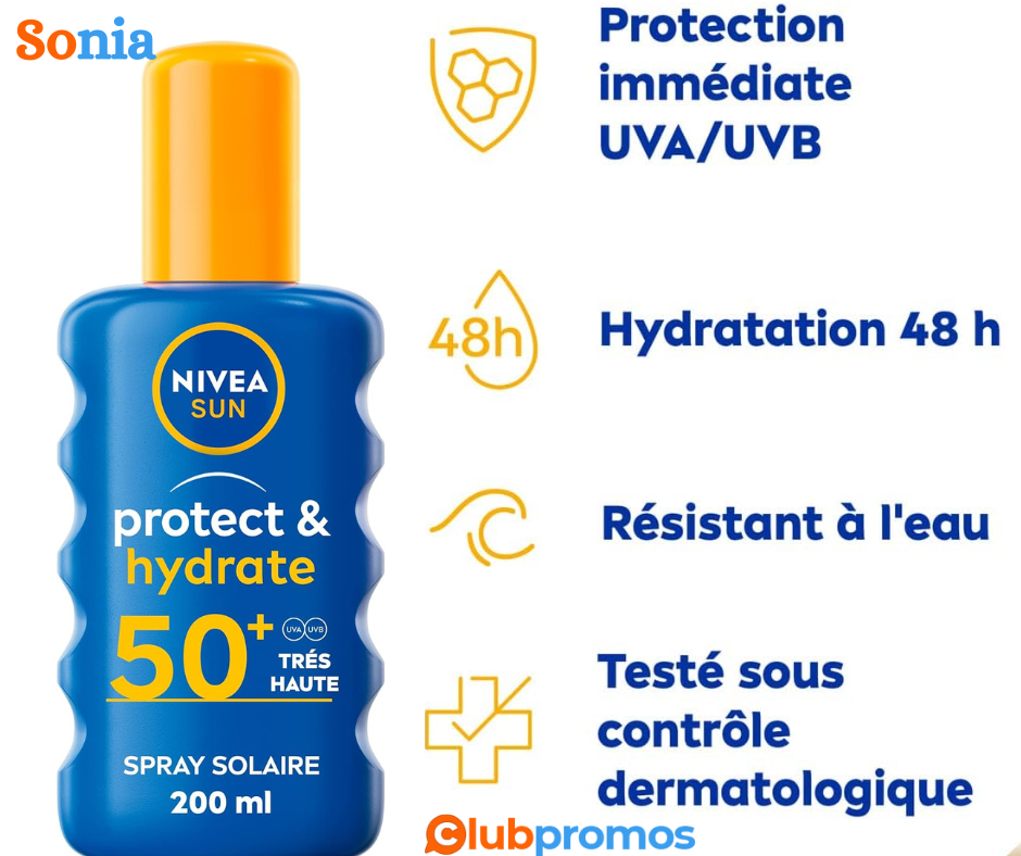Bon plan amazon NIVEA SUN Spray solaire Protect & Hydrate FPS 50+ (1x200 ml),.png