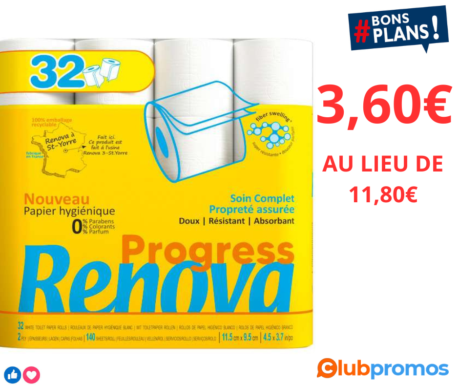 Bon plan Carrefour Paquet de 32 rouleaux de papier toilette Renova à 3,60€ au lieu de 11,80€ .png