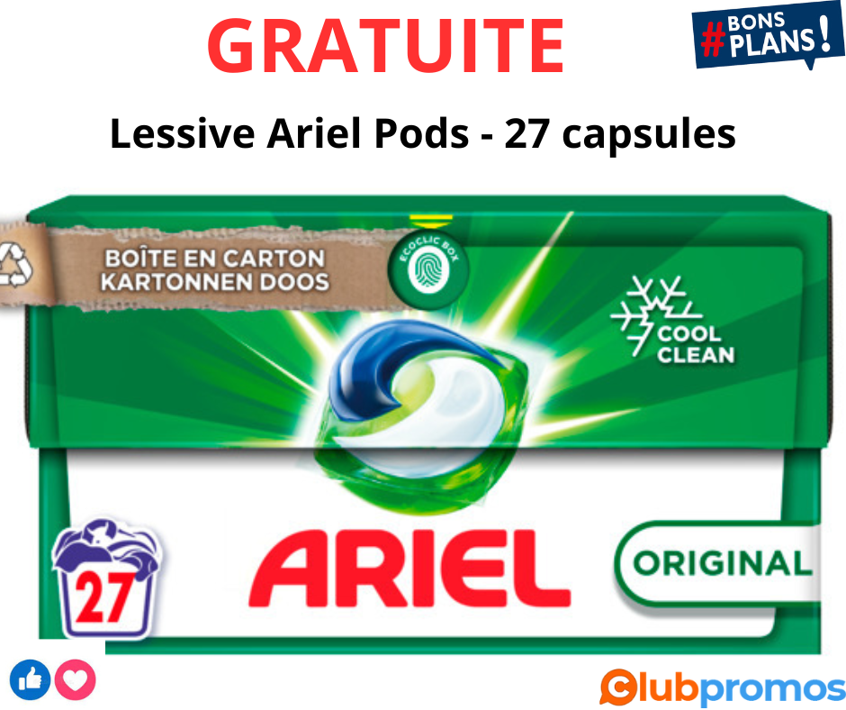 Bon plan Lessive Ariel Pods - 27 capsules gratuites au lieu de 12,39 € optimisation odr course...png
