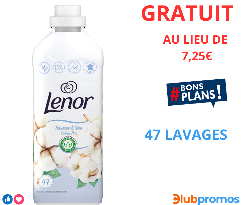 bouteille d'assouplissant Lenor GRATUITE au lieu de 7,25€ pour 47 lavages.png