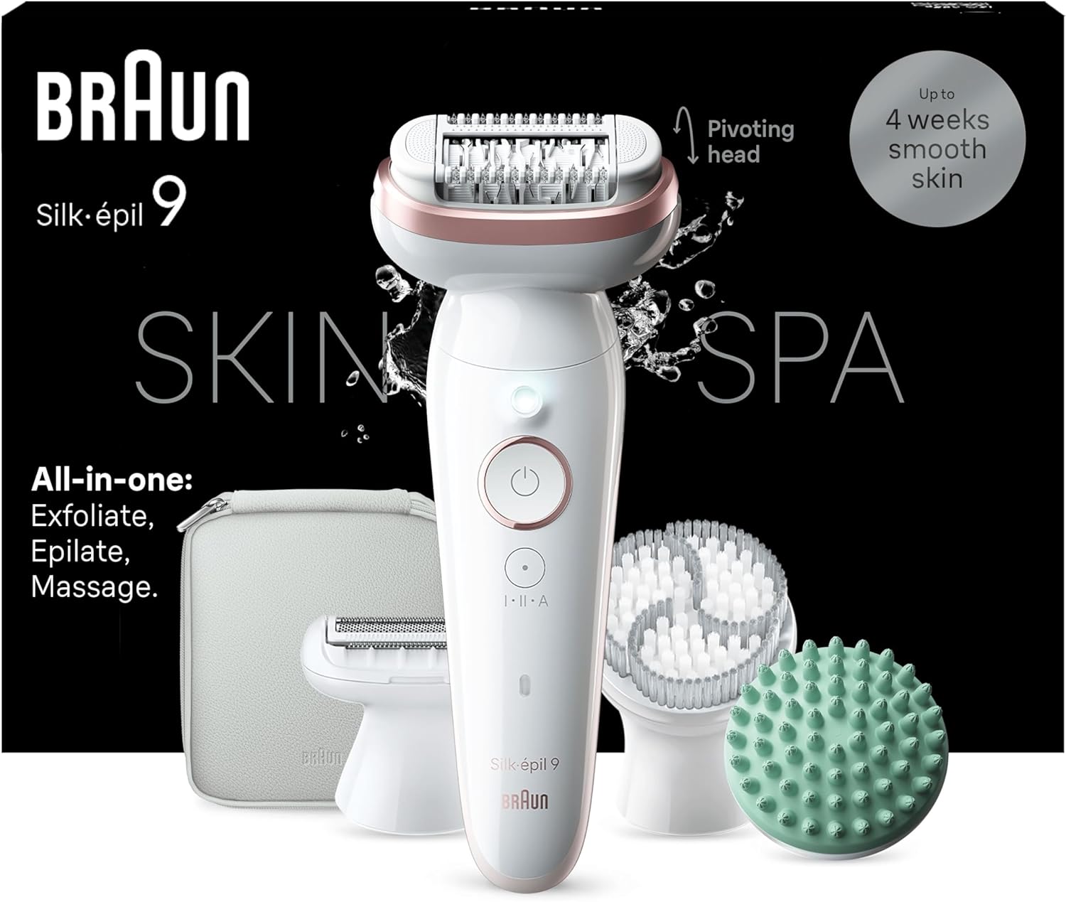 Épilateur Braun Silk-épil 9 SkinSpa étanche avec tête pivotante et accessoires pour une épilation douce et longue durée.