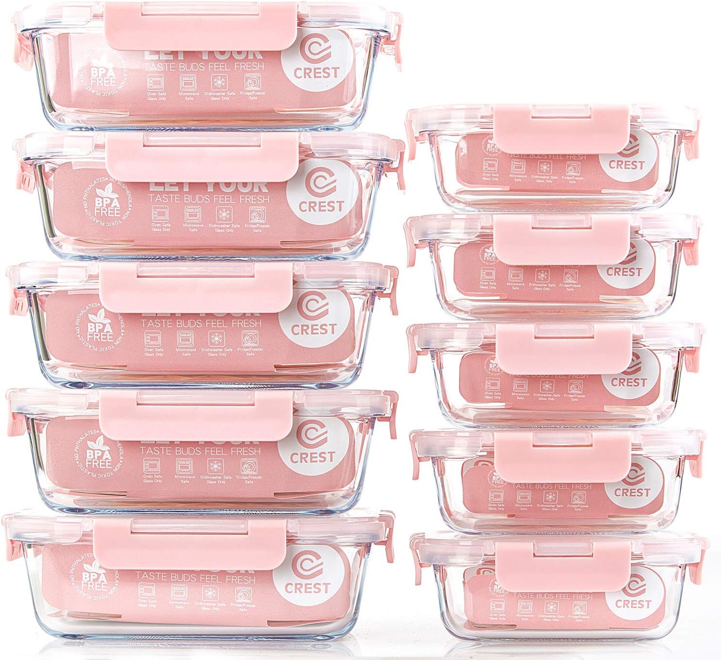  Lot de 10 boîtes alimentaires en verre C CREST (5×1040 ml + 5×370 ml), couvercles sans BPA avec joint silicone et 4 loquets, étanches, verre borosilicate, emboîtables, lave-vaisselle