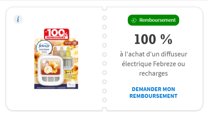: Capture d'écran de l'offre ODR 100% remboursé sur Envie De Plus pour le diffuseur électrique Febreze 206