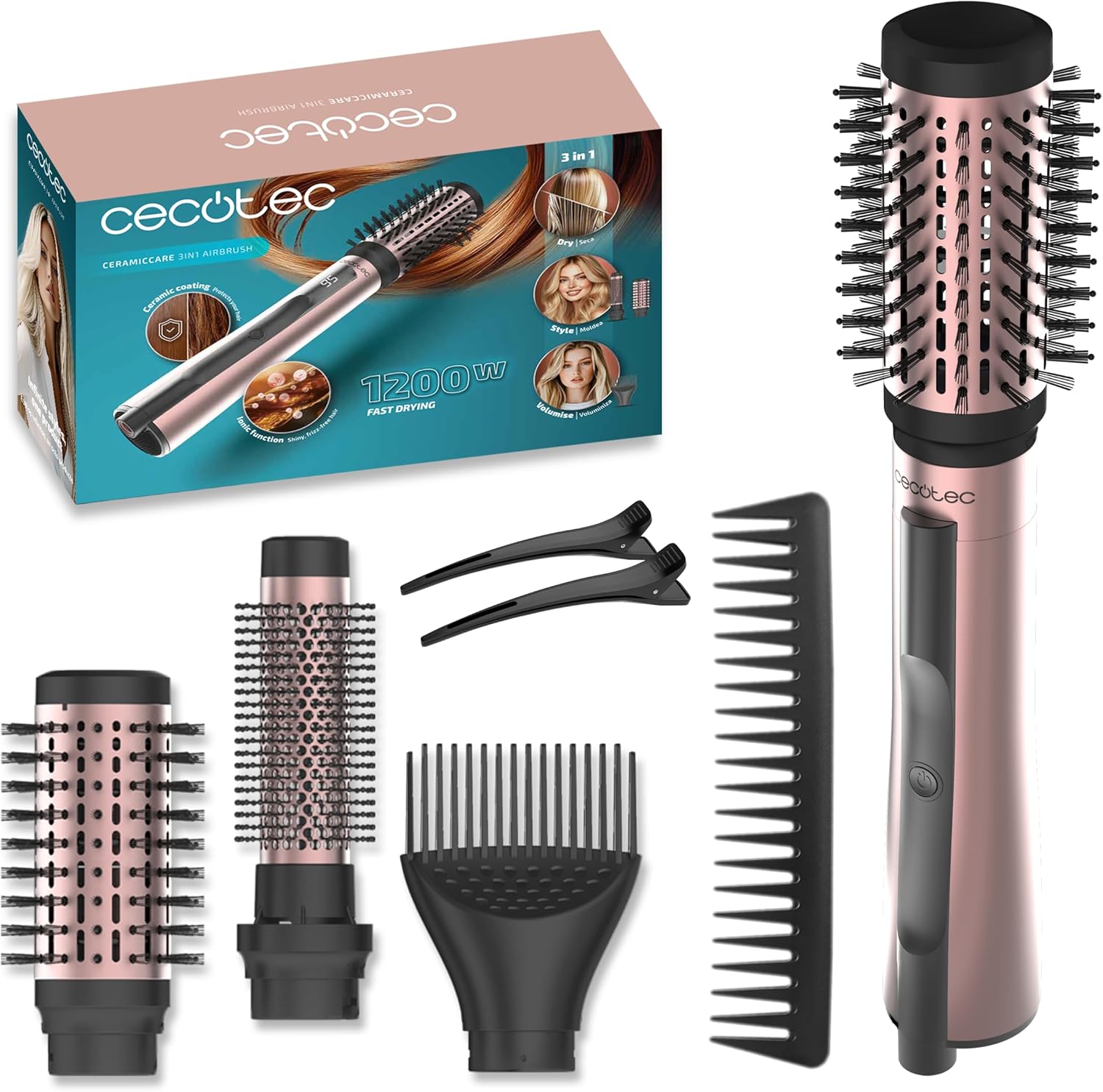 Brosse soufflante Cecotec CeramicCare 3en1 AirBrush Elite 1200W avec 3 embouts en céramique, bon plan Amazon à petit prix pour brushing volumineux, cheveux lissés, moins de frisottis et coiffage rapide à la maison.