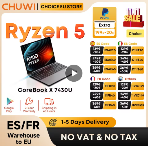  Ordinateur portable CHUWI CoreBook X AMD Ryzen 5 7430U 16 Go RAM 512 Go SSD Windows 11 – écran 2K 14.1 pouces – promotion AliExpress 2025