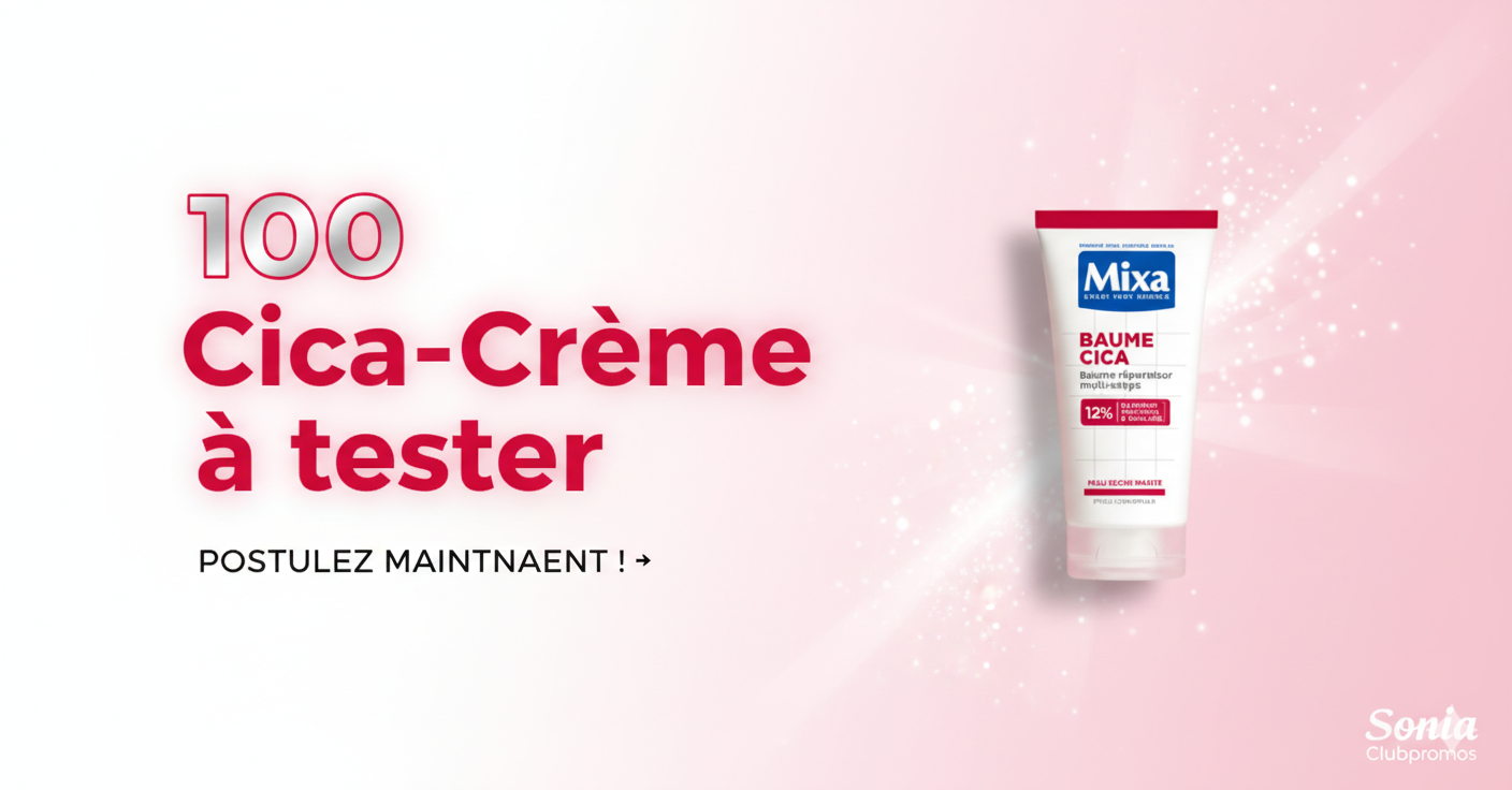 Visuel moderne crème réparatrice effet pansement pour zones fragilisées, 100 produits à tester gratuitement via Beaute-Test, inscriptions jusqu'au 17 février 2026. Filigrane carré discret en coin.