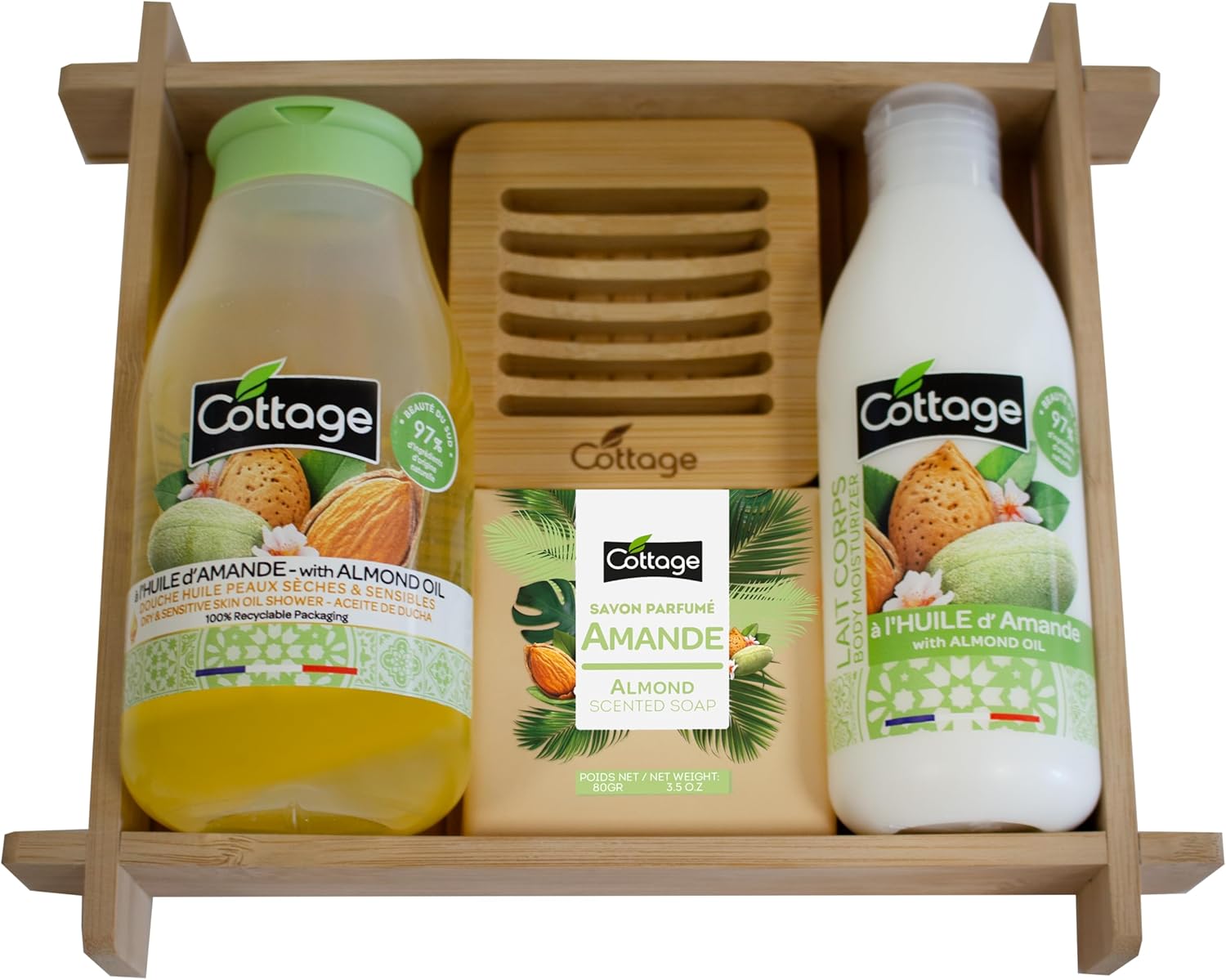  Coffret Douche Huile Amande 2025 Cottage – Douche huile, lait corps, savon mains, support bois, 97% naturel.
