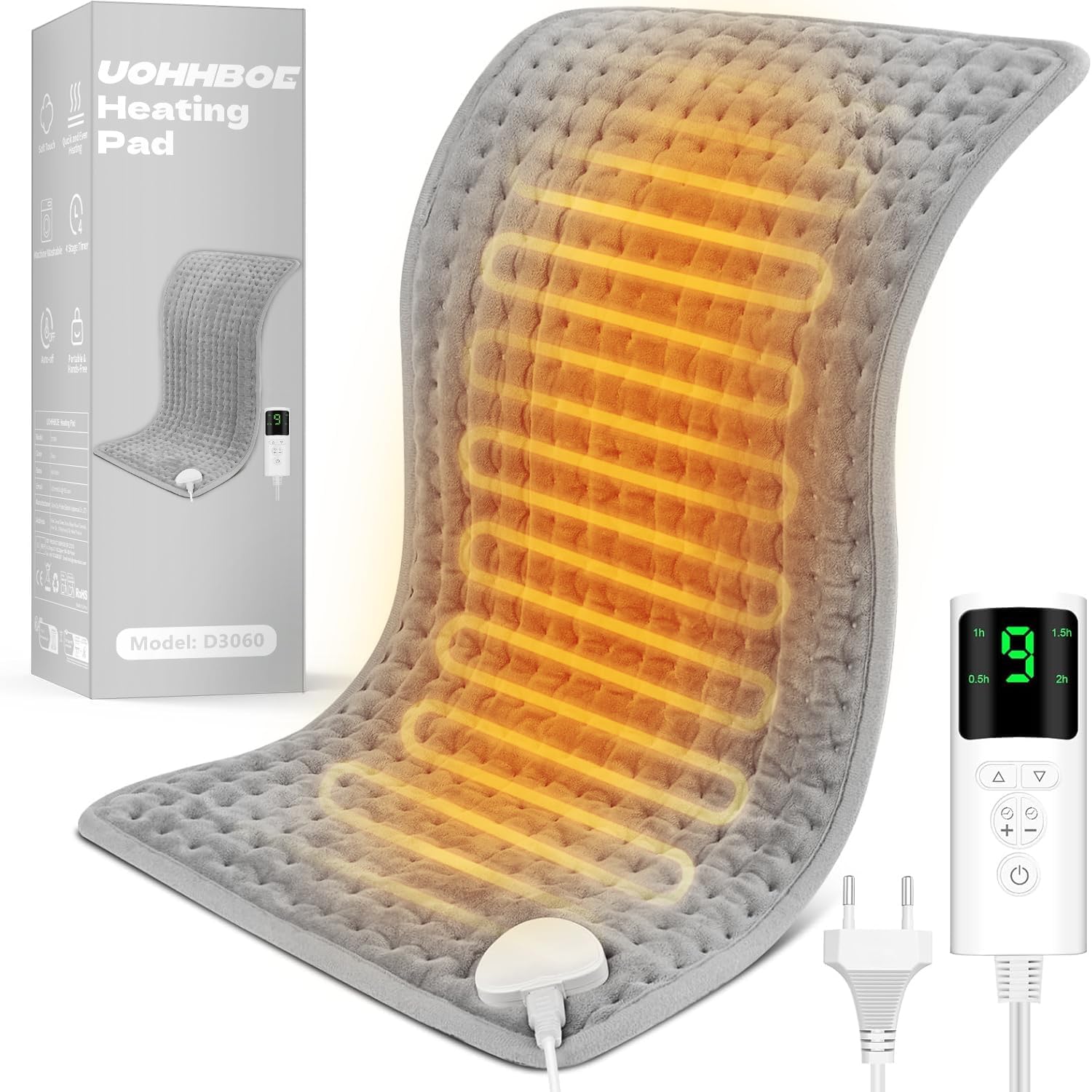 Coussin chauffant UOHHBOE 30×60 cm, télécommande 9 niveaux, minuteries 0,5–2 h, 75 W, tissu ultra-doux lavable, soulagement dos/nuque/ventre/pieds.