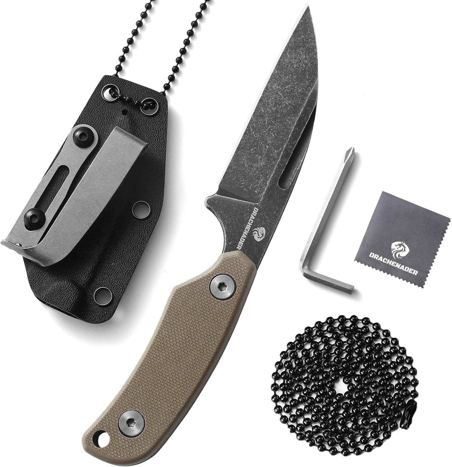 Couteau de cou mini neck knife acier D2 avec chaîne à billes et étui en Kydex, idéal pour les activités en plein air.