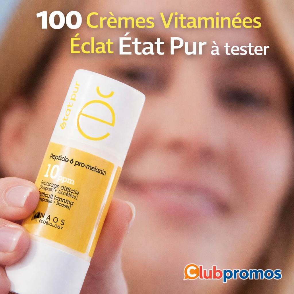 100 crèmes vitaminées éclat Etat Pur offertes à tester, formulaire d'inscription pour tirage au sort, actif pur pro-melanin pour bronzage et éclat de la peau.