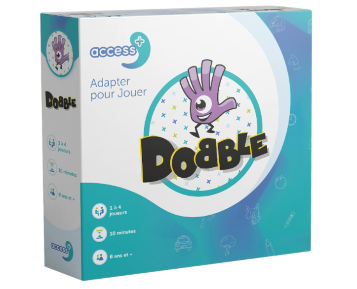Visuel présentant le jeu Asmodee Access Dobble Access+, version adaptée aux troubles cognitifs, cartes agrandies et symboles lisibles, promotion Amazon à 13,33€.