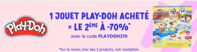  Promotion Play-Doh - 2e produit à -70% avec le code PlayDoh270 sur Cdiscount jusqu’au 11 novembre.