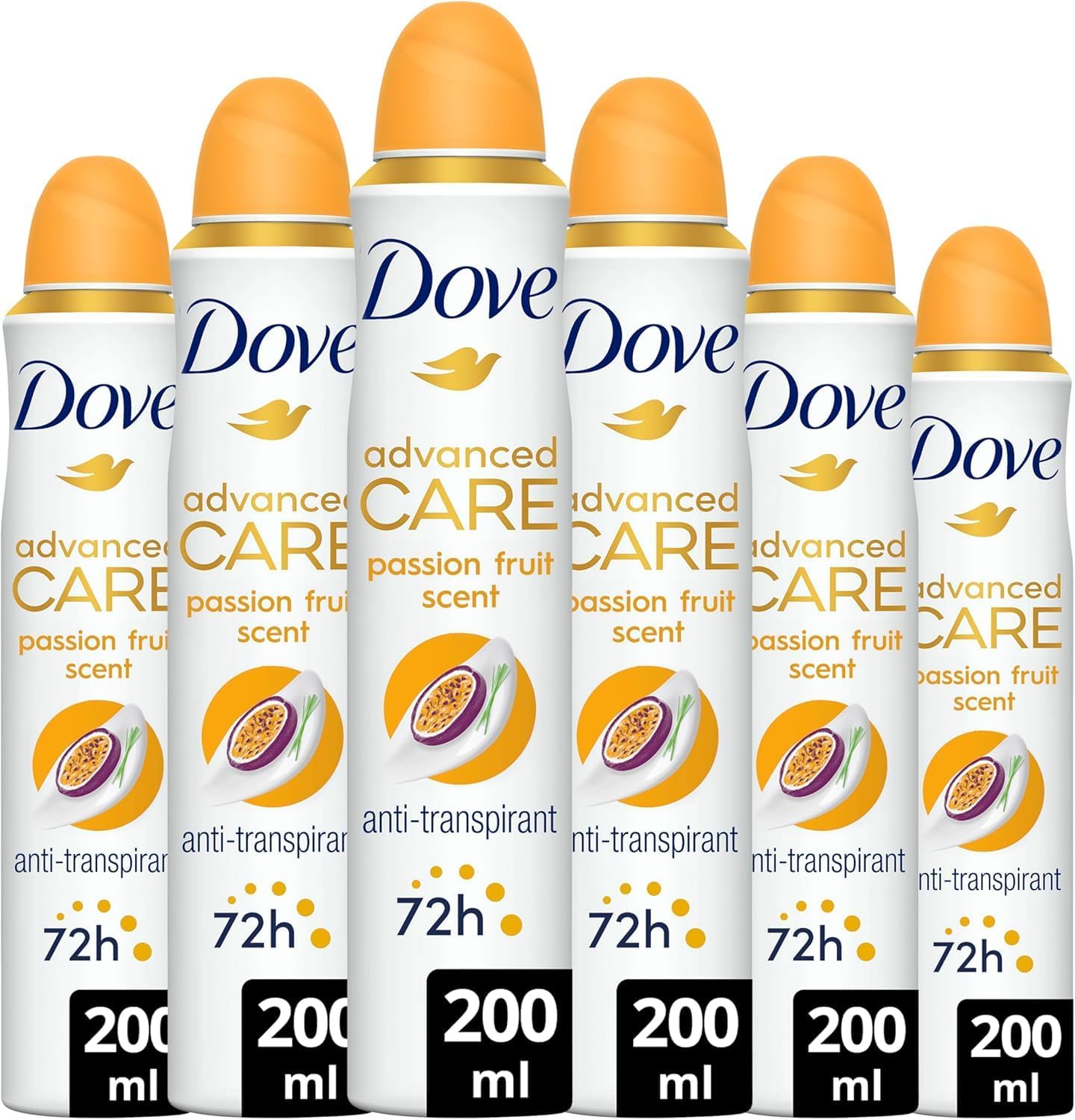 Déodorant femme Dove Advanced Care Fruit de la Passion et Citronnelle en lot de 6 x 200 ml, bon plan Amazon avec protection 72h anti-transpirante et formule sans alcool pour aisselles douces et hydratées.