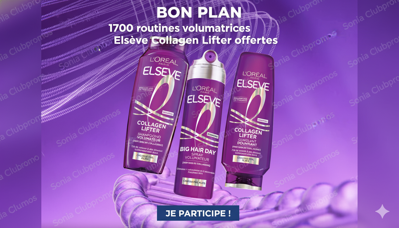 1700 routines volumatrices Elseve Collagen Lifter L’Oréal Paris offertes via trnd, pack shampooing volumateur, démêlant densifiant et spray BIG HAIR DAY pour cheveux fins et plats en quête de volume longue durée.
