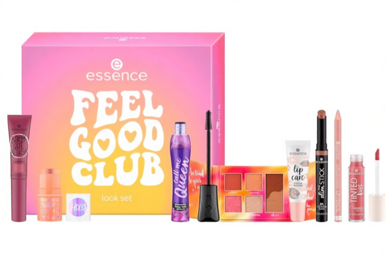  Coffret essence Feel Good Club – 8 produits maquillage (blush liquide, highlighter stick, mascara, baume, mini-palette, crayon lèvres, rouge slim, lip tint) – finitions naturel/brillant/rosé/chatoyant – offre Amazon