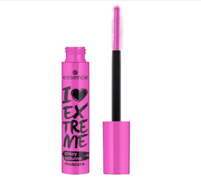 : Mascara Essence I Love Extreme Crazy Volume noir intense – brosse XXL, volume extrême sans paquets, maquillage pas cher Amazon 3,59 €.