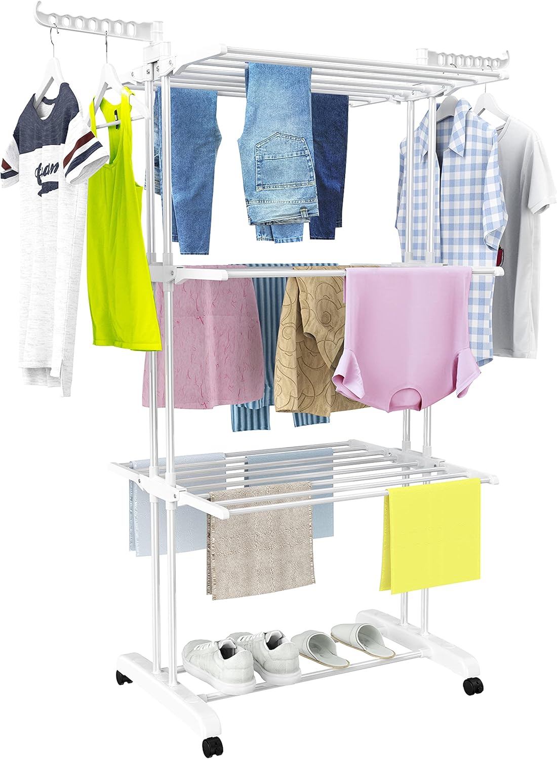 Étendoir HOMIDEC 4 niveaux pliable en acier inoxydable avec roulettes – Séchage pratique pour intérieur et extérieur, design blanc compact et robuste