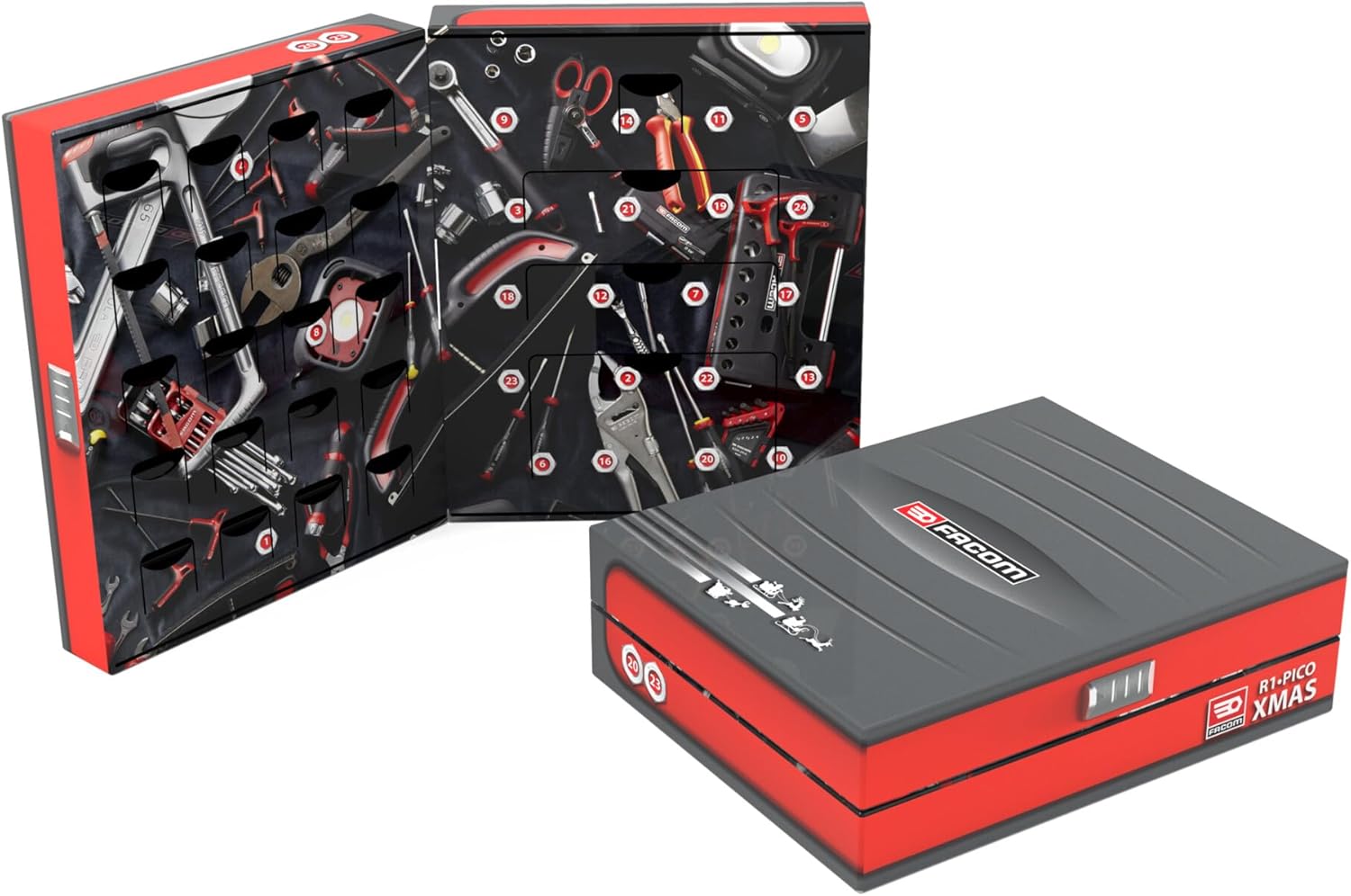 Calendrier de l’Avent FACOM R1PICO 23 pièces avec cliquet 1/4 tête flexible R.180, douilles 6 pans, embouts Resistorx TT10-TT30, coffret bimatière compact – Offre Amazon