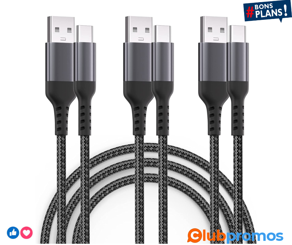 Forinie 1.8m Lot de 3 Câble USB C Chargeur Type C vers port de type A en Charge Rapide Nylon T...png