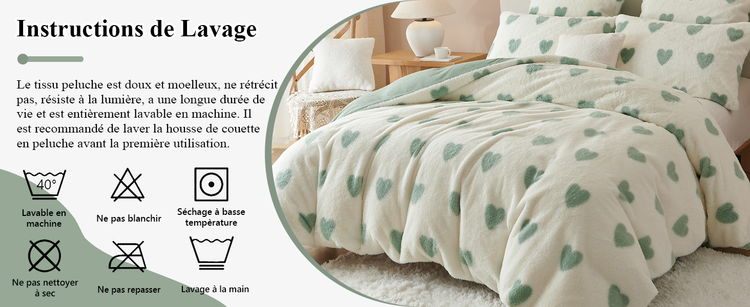 Parure de lit Freyamy housse de couette 220x240 avec 2 taies 65x65 motif cœur blanc vert, effet fausse fourrure peluche et intérieur flanelle chaude, fermeture éclair et attaches, bon plan Amazon.