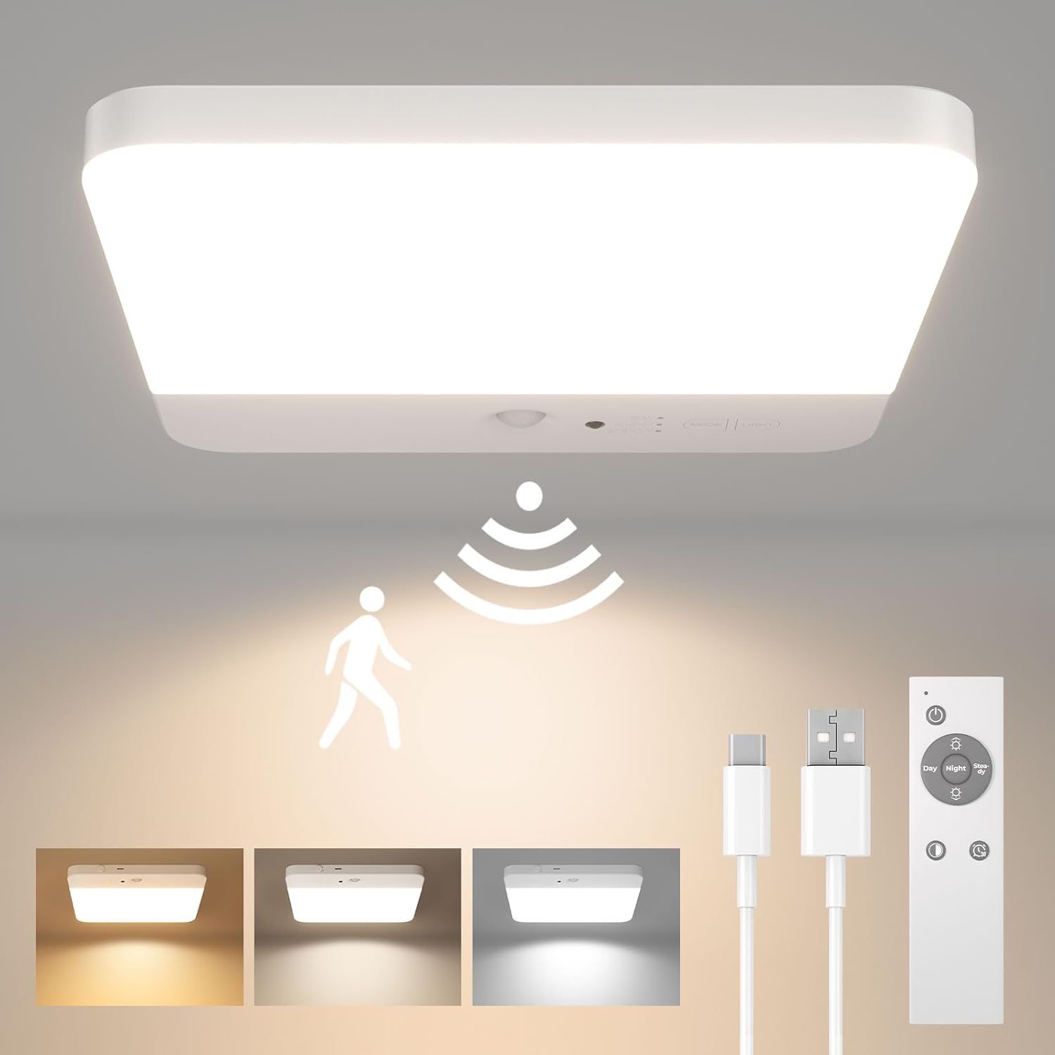 Lampe de plafonnier Fulen avec détecteur de mouvement, LED rechargeable, température de couleur ajustable, installation sans fil.