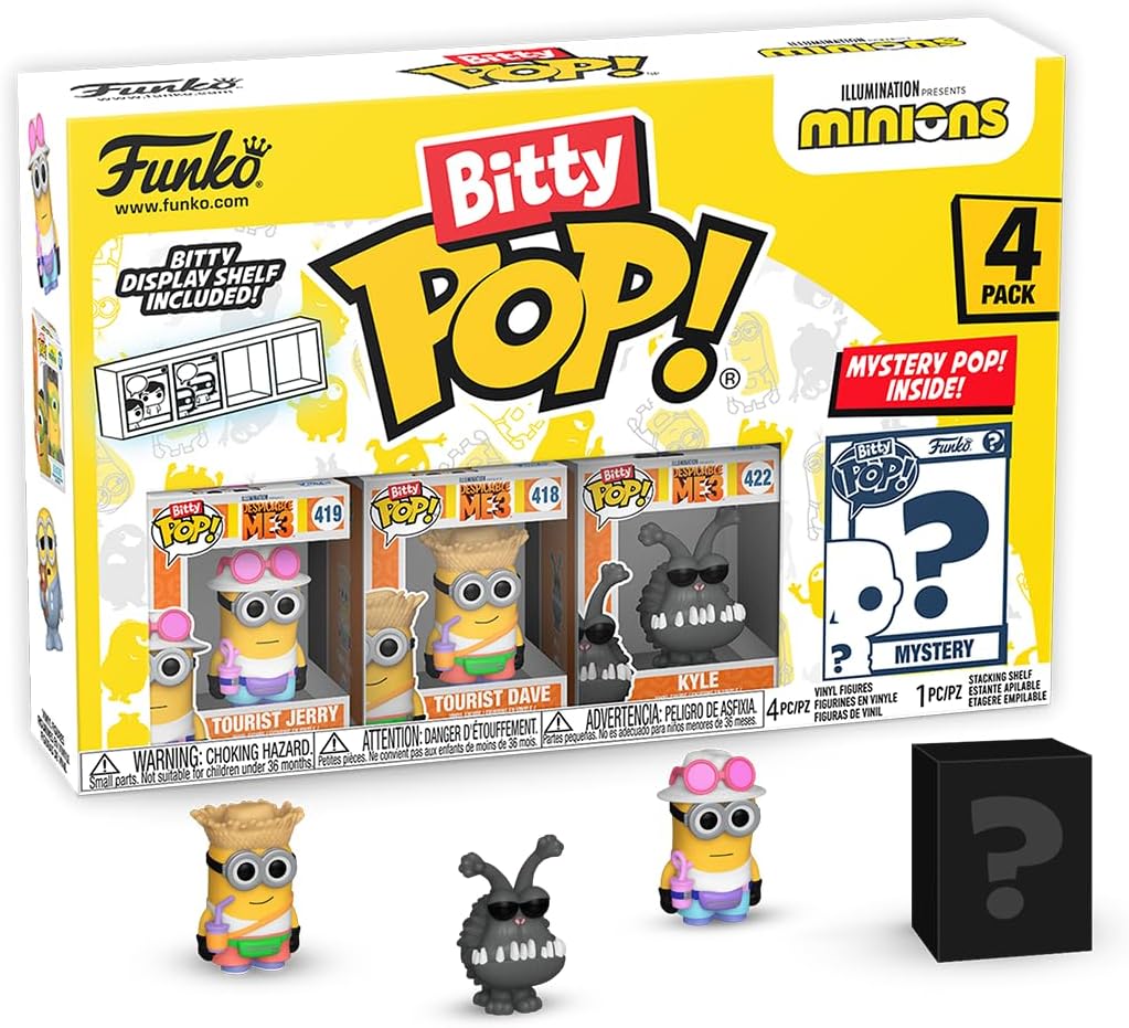 Funko Bitty Pop! Minions – Young Gru 4PK avec Young Gru, 70’s Bob, Pet Rock Otto et une figurine mystère, mini-figurines en vinyle de 2,3 cm avec vitrine empilable incluse. Idéal pour les fans de Minions et collectionneurs de figurines Funko.
