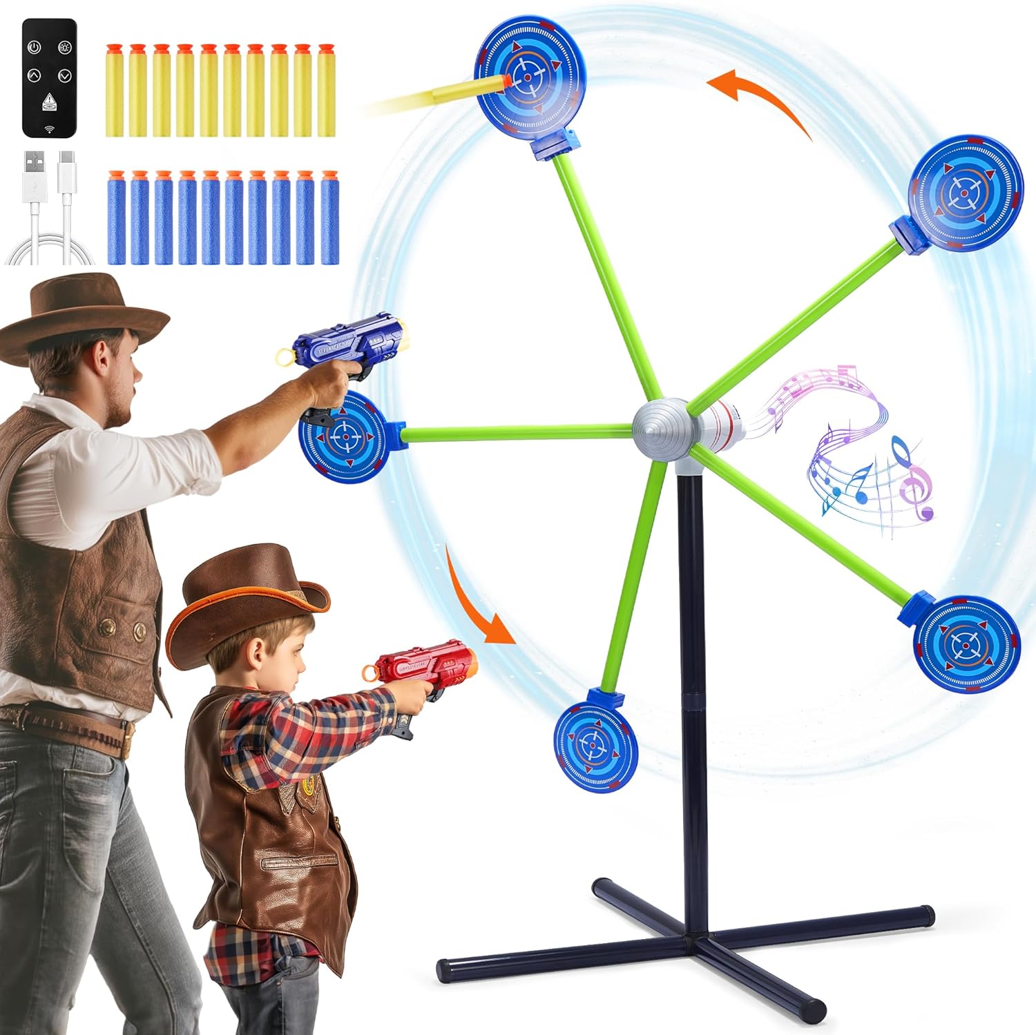 Jeu de tir à deux joueurs fygurso avec pistolets, cible rotative à réinitialisation automatique et 20 fléchettes, idéal pour les enfants.