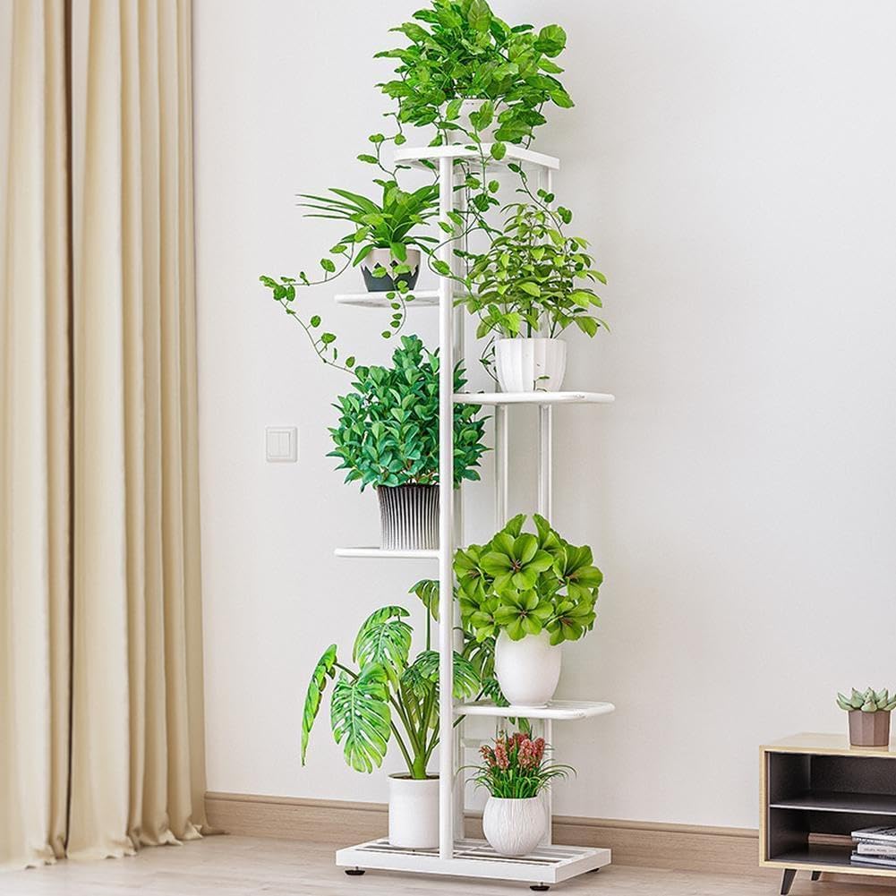Support pour plantes à 5 niveaux Bamworld, métal blanc, étagère élégante pour intérieur.
