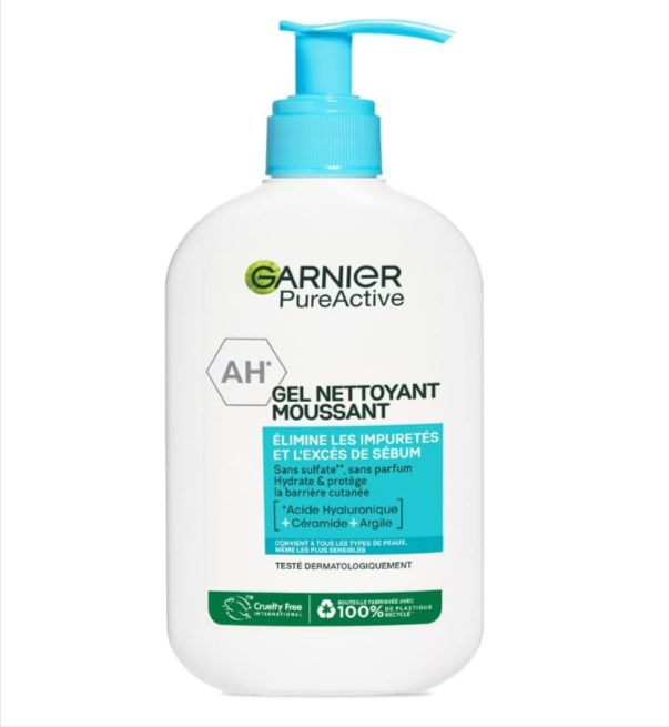Gel nettoyant visage Garnier Pure Active 250ml, avec acide hyaluronique, céramide et argile blanche, soin vegan anti-imperfections en promo Amazon