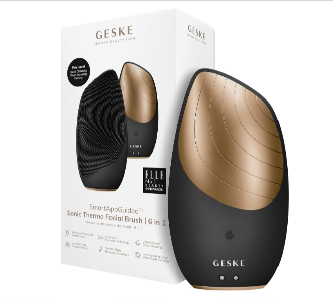 Brosse faciale thermique sonique GESKE 6-en-1 noire et or, silicone hygiénique, pulsations SmartSonic, fonction chauffante, app SmartAppGuided pour routine personnalisée, câble magnétique, bon plan Amazon