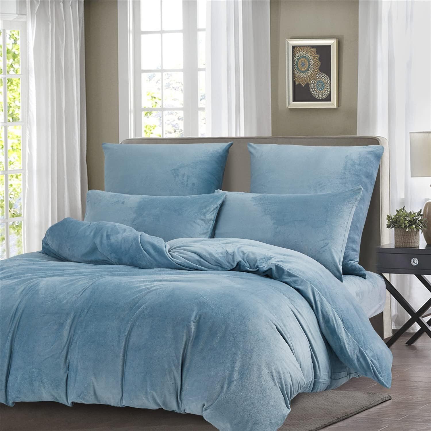 Housse de couette Gezu 220x240 cm en flanelle velours bleu clair, hiver, douce et chaude, avec 2 taies d'oreiller.