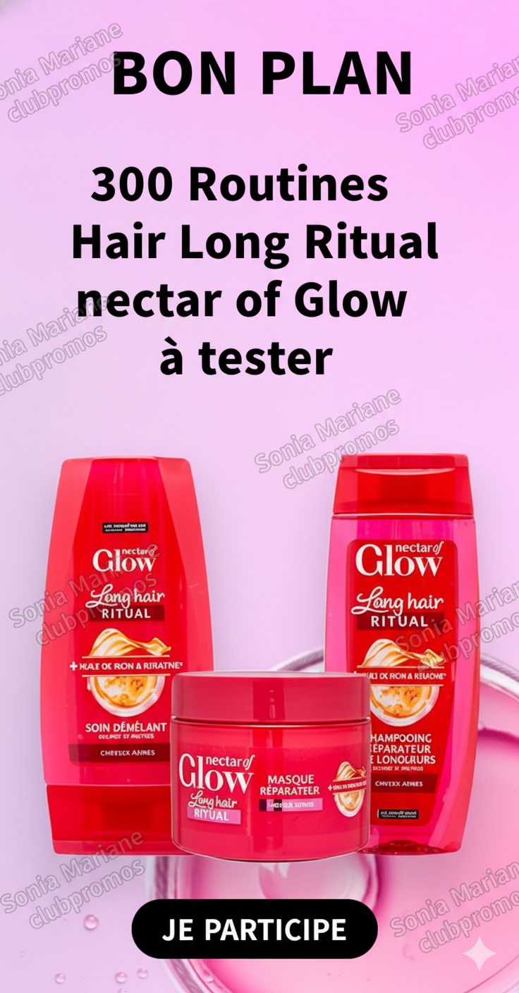 Campagne de test Beauté-Test pour la routine capillaire Hair Long Ritual de Nectar of Glow, avec shampooing réparateur, soin démêlant et masque nourrissant à la kératine et à l’huile de ricin, destinée aux cheveux longs abîmés