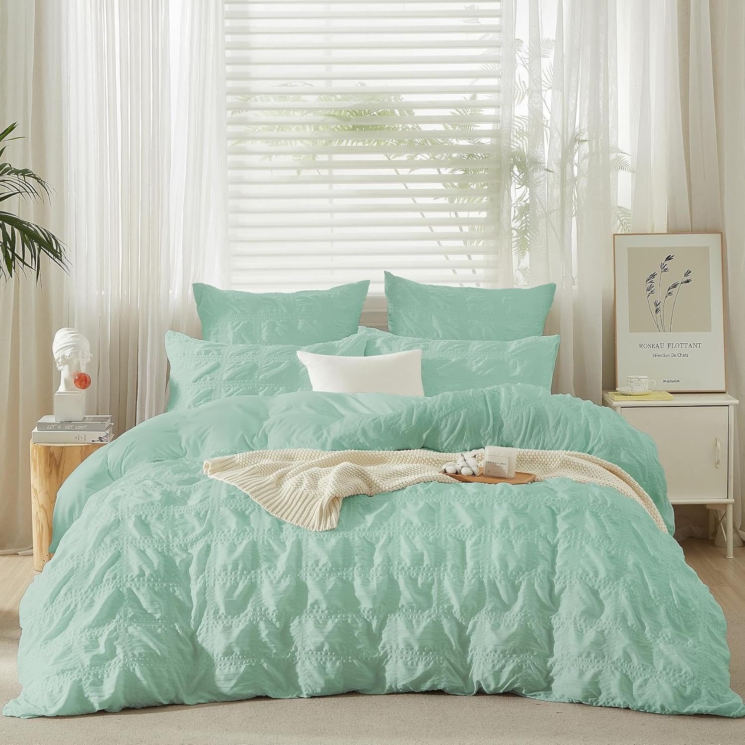 Housse de couette YASMENG 220x240 seersucker verte microfibre respirante avec taies fermeture zip bon plan Amazon linge de lit