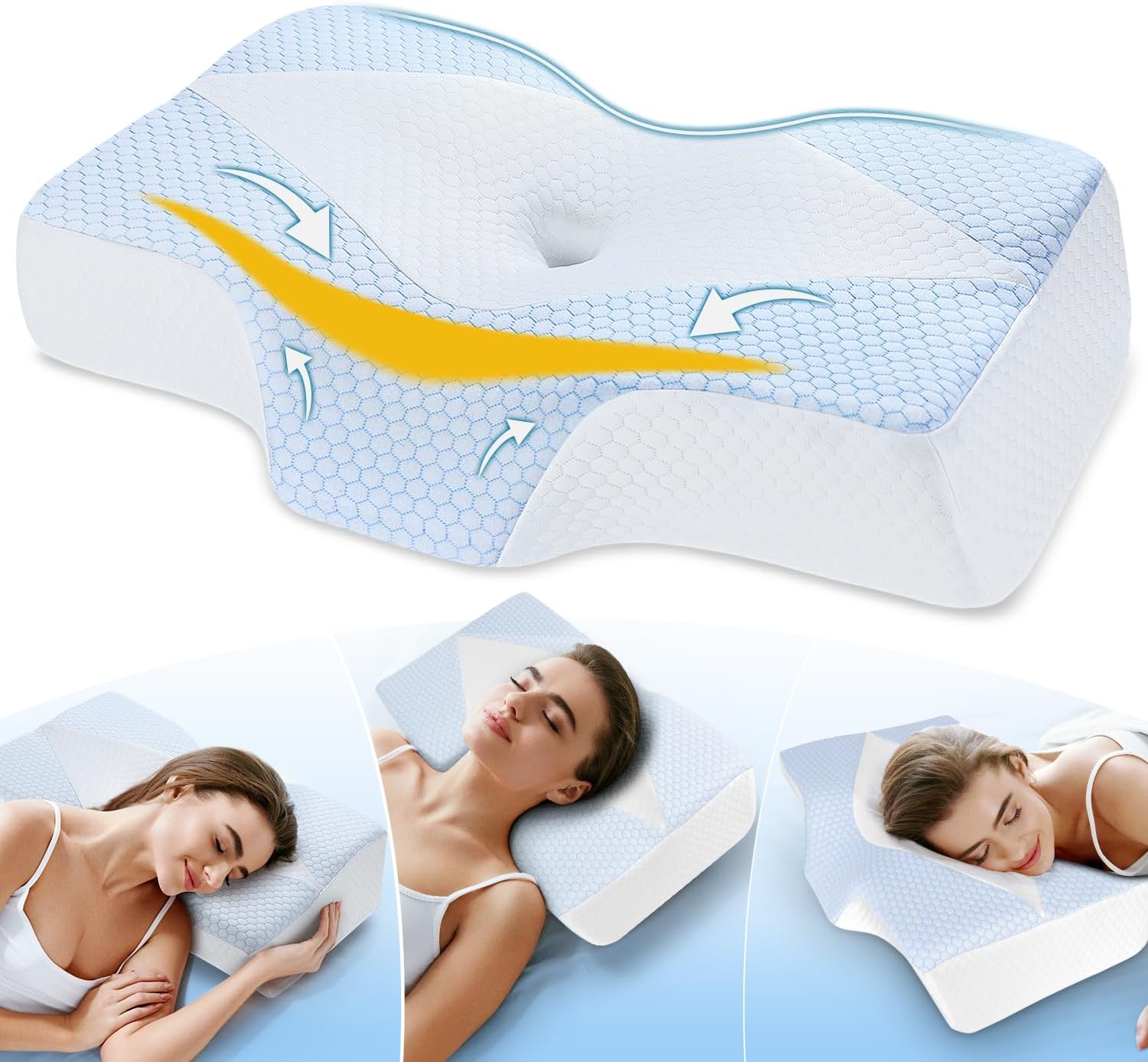 Oreiller cervical Hypuno ergonomique, mémoire de forme haute densité, bi-hauteur 10,5/13,5 cm avec zone centrale creuse, housse rafraîchissante amovible lavable 30 °C, 63 × 41 cm, bleu/blanc, 4,4/5 (374 avis) sur Amazon.