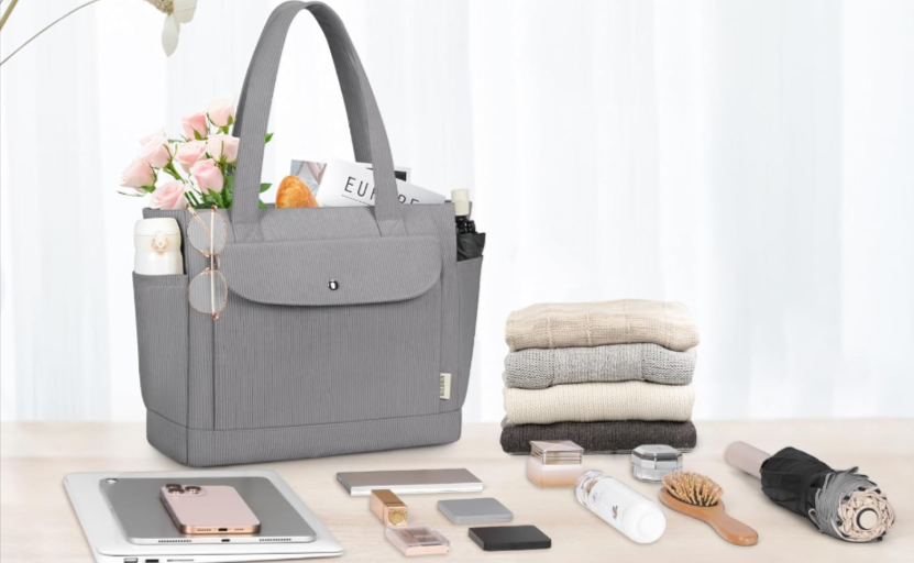 Sac fourre-tout IGOLUMON en velours côtelé gris sur Amazon, grand cabas femme avec fermeture éclair, poche avant à fermeture magnétique, poches intérieures et latérales, léger 480 g, bon plan 7,99€, note 4,6/5 et 84 avis.