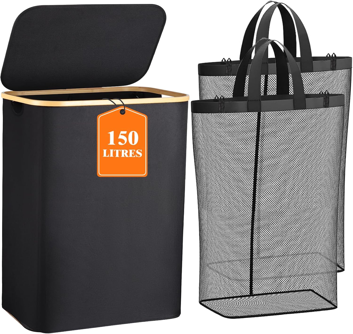 IHoo Panier à linge 150L double paroi avec couvercle, 2 sacs amovibles tissu Oxford poignées bambou pliable grande capacité sur Amazon