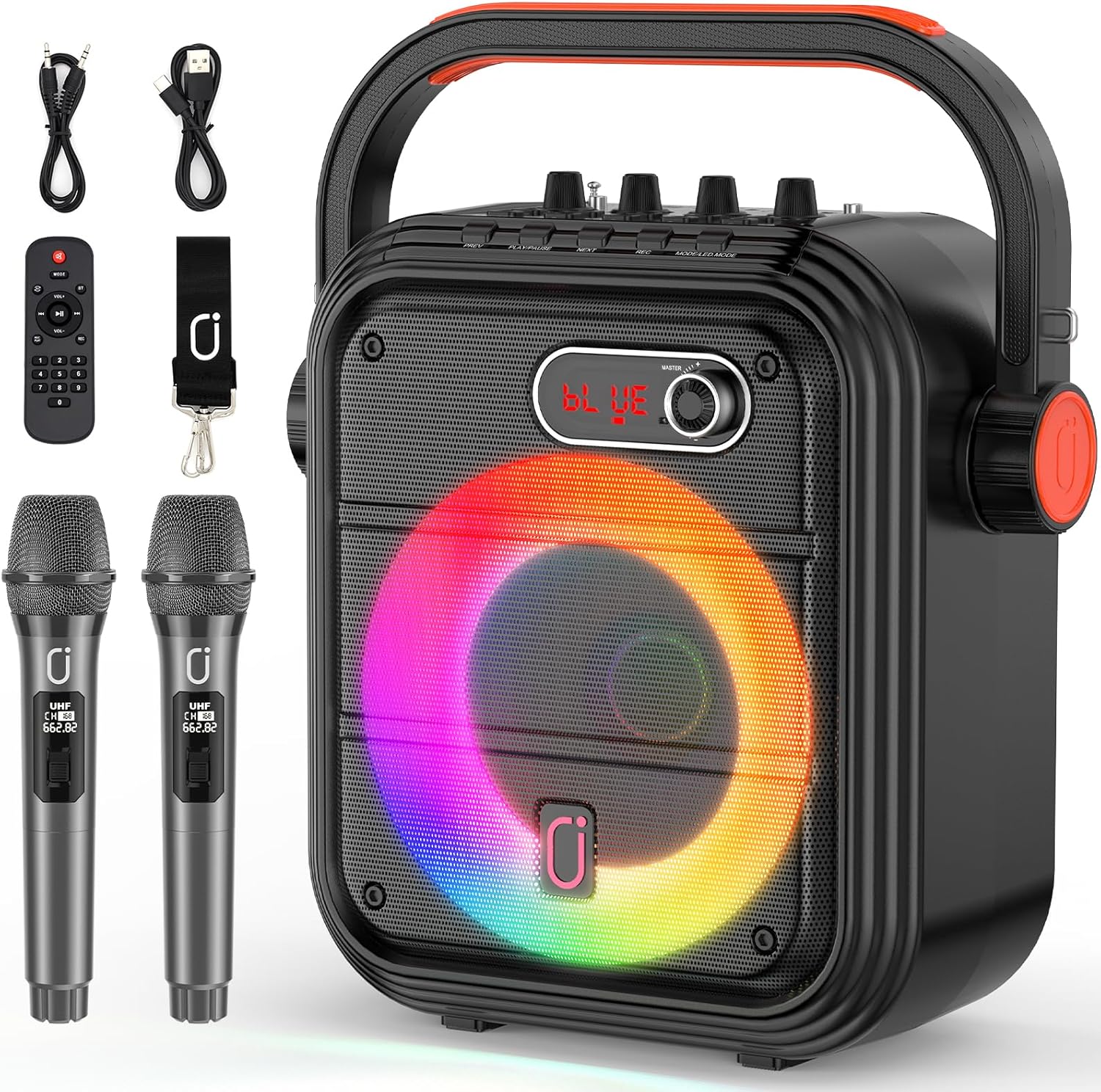  Enceinte karaoké JYX 66PRO portable avec 2 micros sans fil, Bluetooth 5.3, TWS, LED, lecture USB/TF, radio FM, autonomie > 12 h, bandoulière