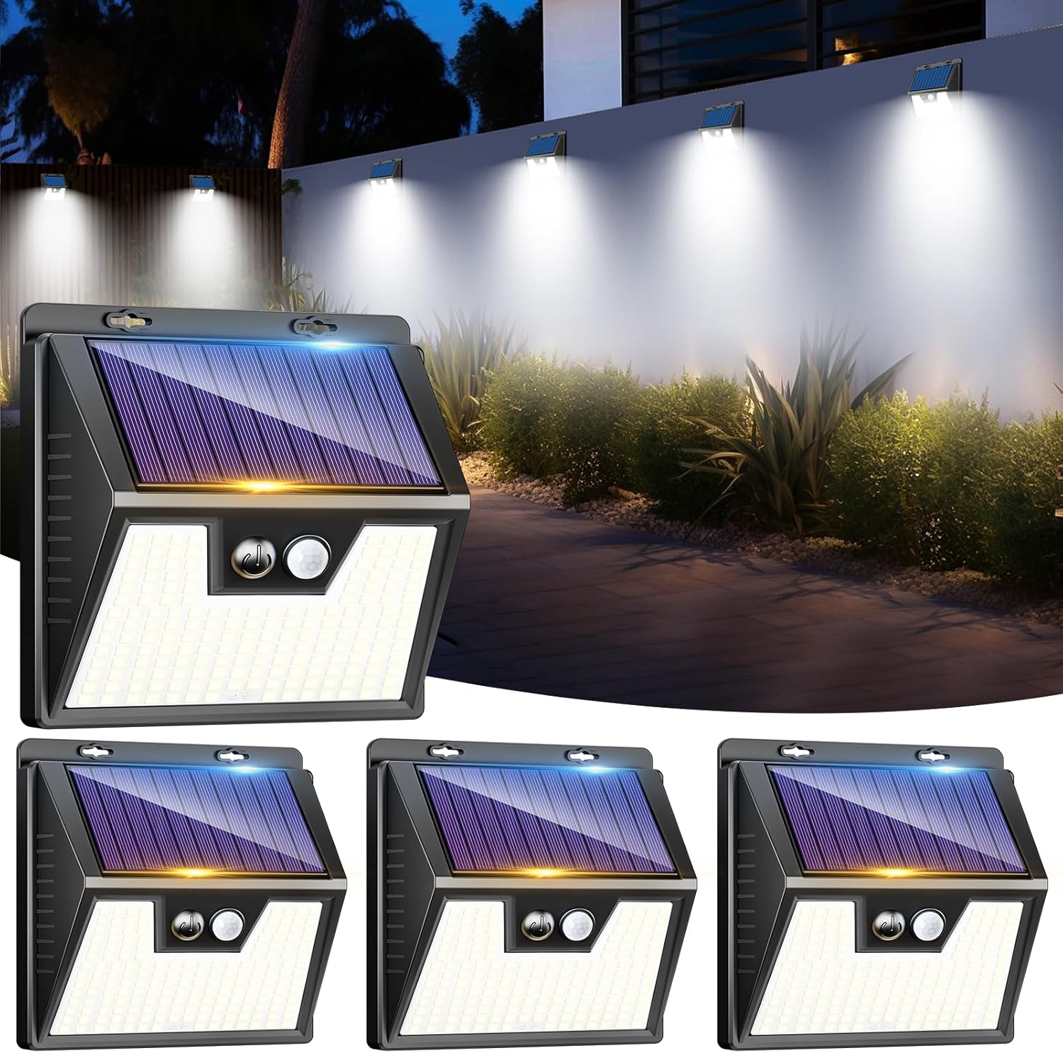 Lot de 4 lampes solaires extérieures 176 LED LOTMOS avec détecteur de mouvement, 3 modes, IP65, éclairage puissant sans fil pour jardin ou entrée – bon plan Amazon