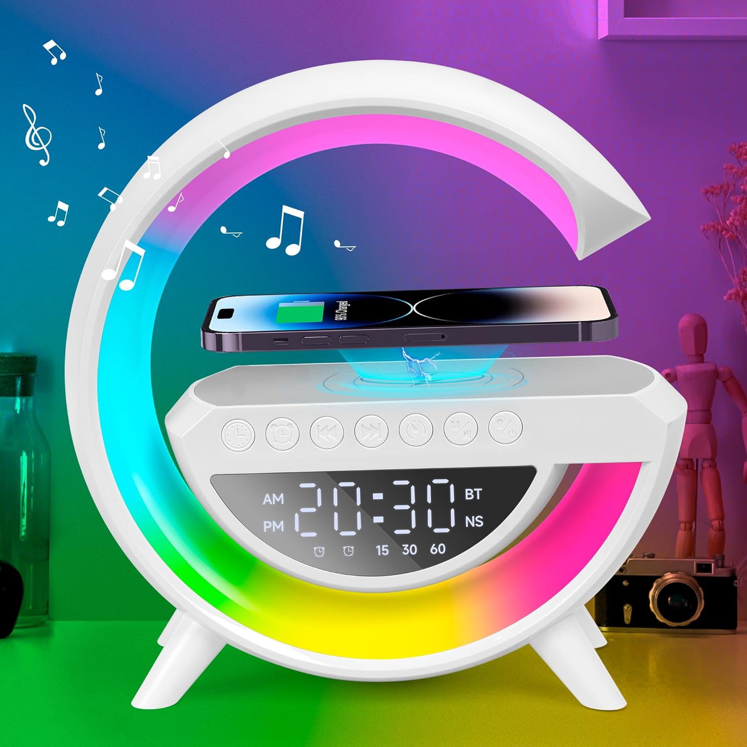 Lampe de chevet LED multifonction avec charge sans fil Qi 15 W, affichage de l’heure et réveil, 7 bruits blancs, haut-parleur Bluetooth, 13 modes lumineux synchronisés à la musique, batterie 1 200 mAh, lecture USB/TF/AUX.
