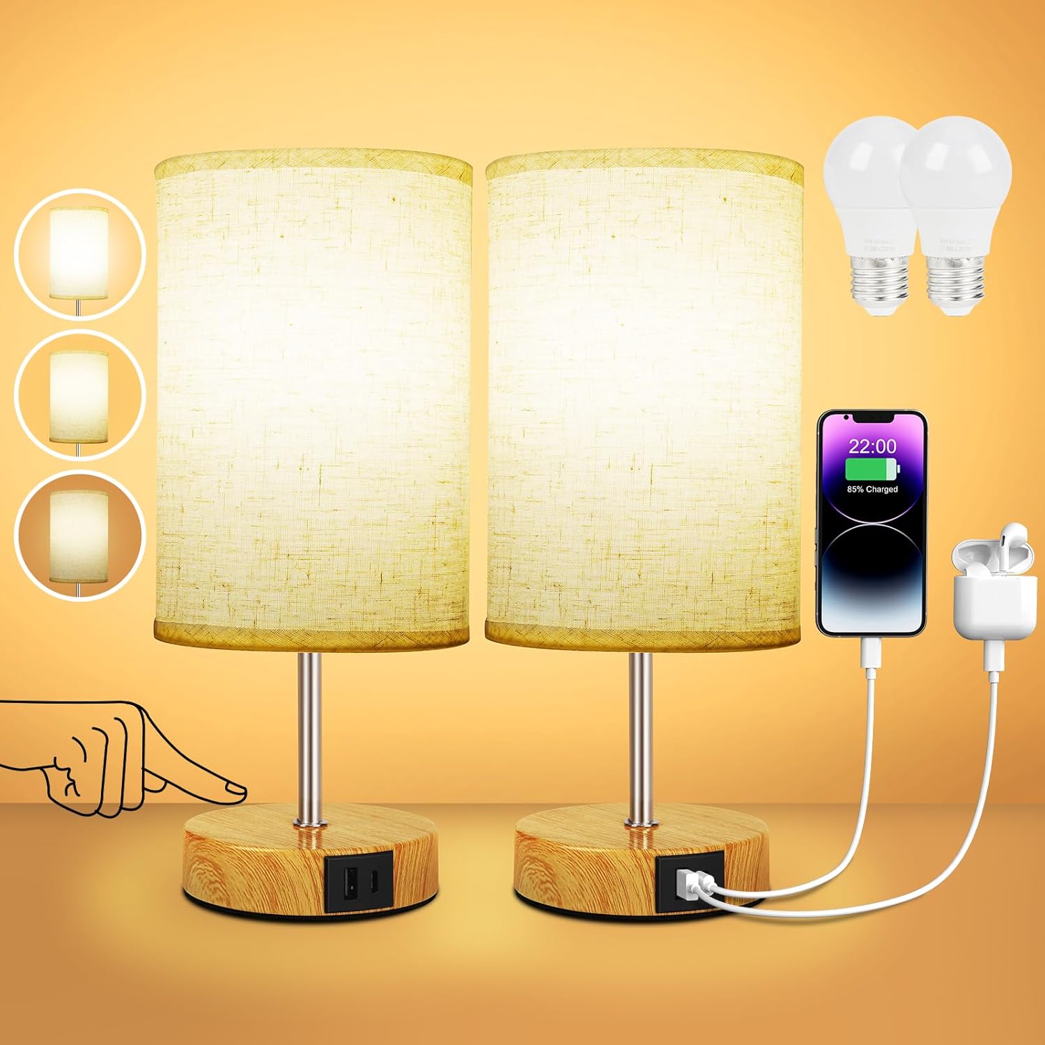  Lot de 2 lampes de chevet tactiles Suright avec ports USB-A & USB-C, 3 niveaux d’intensité, abat-jour en lin et ampoules LED incluses – bon plan Amazon 2025