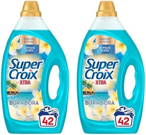 Lot de 2 lessives liquides Super Croix par X•Tra Bora Bora Monoï & Lait d’Aloe, 84 lavages, parfum intense longue durée, efficace dès 20°C, bon plan Amazon à 15,82€.