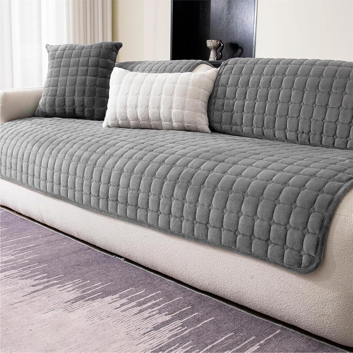 : Housse de canapé LINGKY en flanelle, anti-dérapante, idéale pour canapé sectionnel, gris.